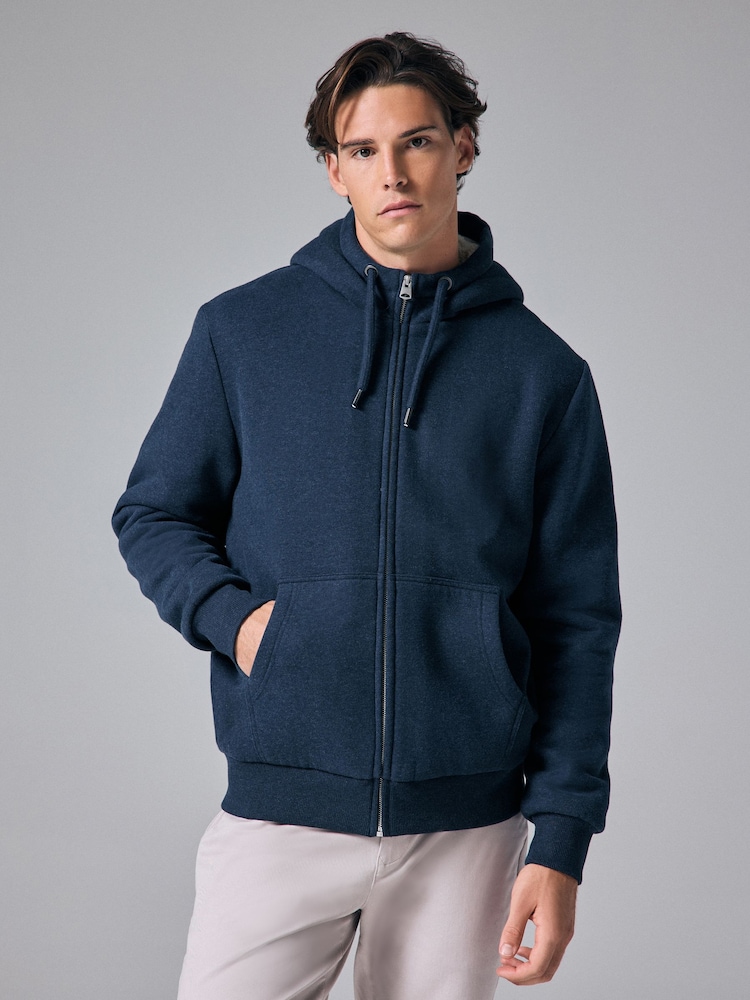 Navy Blue Borg Fleece Lined Zip Up Hoodie - Image 4 of 10