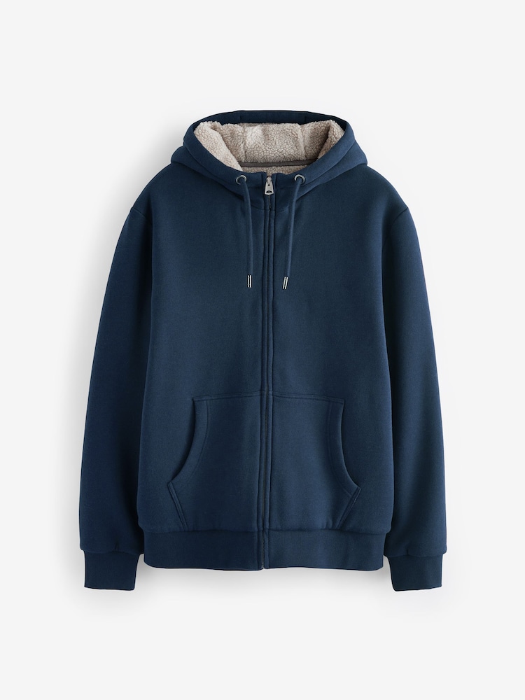 Navy Blue Borg Fleece Lined Zip Up Hoodie - Image 8 of 10