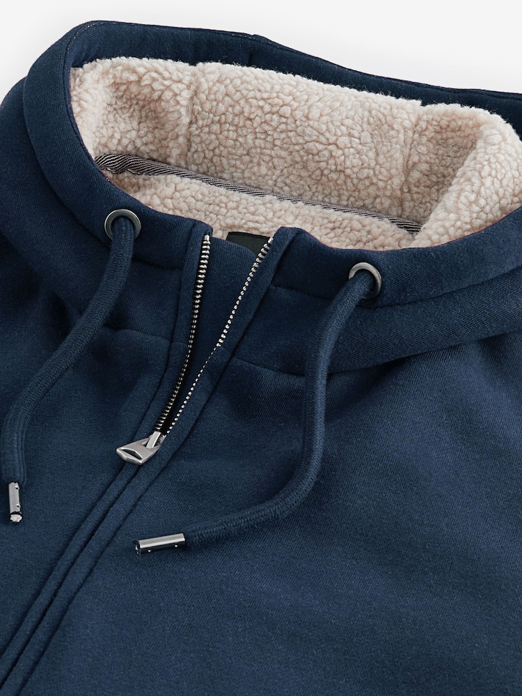Navy Blue Borg Fleece Lined Zip Up Hoodie - Image 9 of 10