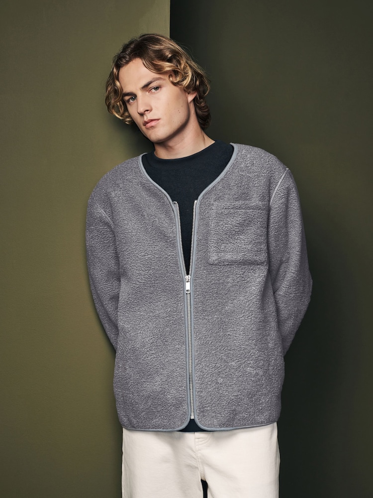 Grey Zip Through Regular Fit Borg Fleece Shacket - Image 2 of 8