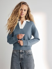 Teal Blue Soft Touch Cosy Collared Button Down Polo Sweatshirt - Image 1 of 6