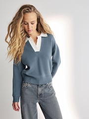 Teal Blue Soft Touch Cosy Collared Button Down Polo Sweatshirt - Image 2 of 6