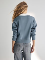 Teal Blue Soft Touch Cosy Collared Button Down Polo Sweatshirt - Image 3 of 6
