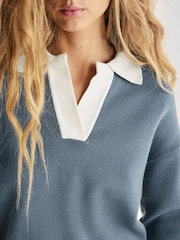 Teal Blue Soft Touch Cosy Collared Button Down Polo Sweatshirt - Image 4 of 6