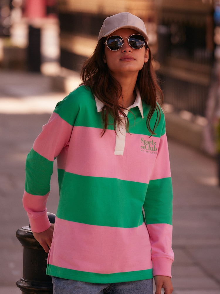 Pink Green Stripe Stripe Slogan Graphic Collared Varsity Rugby 100% Cotton Polo Shirt - Image 1 of 7