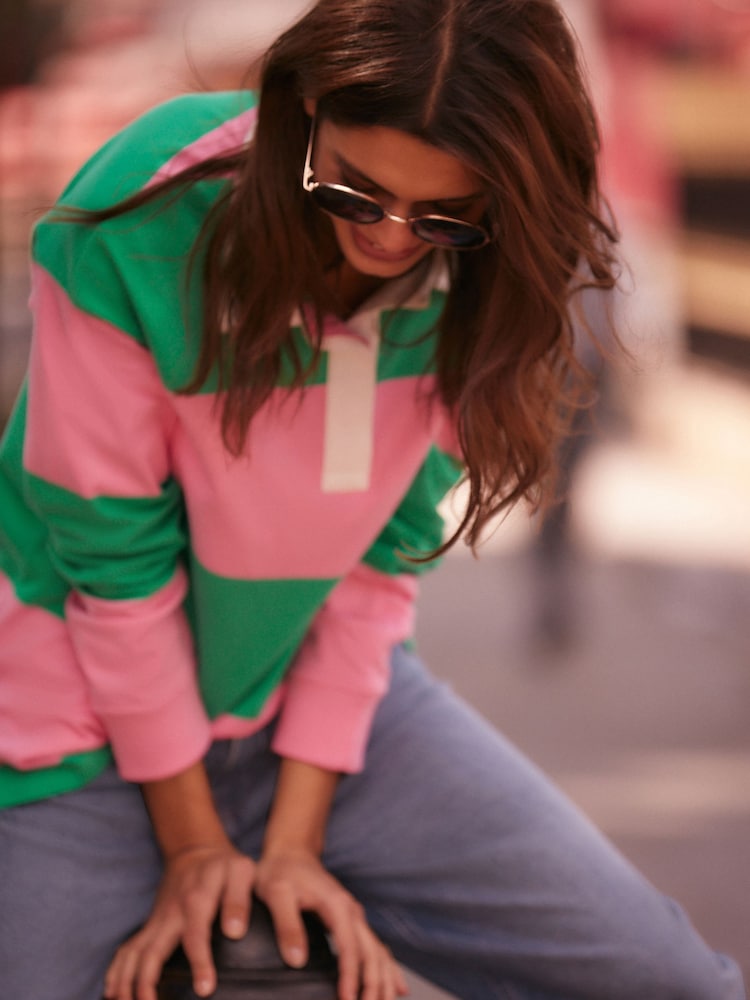 Pink Green Stripe Stripe Slogan Graphic Collared Varsity Rugby 100% Cotton Polo Shirt - Image 2 of 7