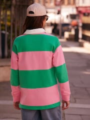 Pink Green Stripe Stripe Slogan Graphic Collared Varsity Rugby 100% Cotton Polo Shirt - Image 3 of 7