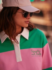 Pink Green Stripe Stripe Slogan Graphic Collared Varsity Rugby 100% Cotton Polo Shirt - Image 4 of 7