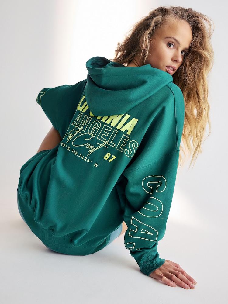Teal Blue Green Relaxed Fit Oversized California Back Graphic Slogan Longline Hoodie - Image 1 of 9