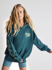 Teal Blue Green Relaxed Fit Oversized California Back Graphic Slogan Longline Hoodie - Image 3 of 9