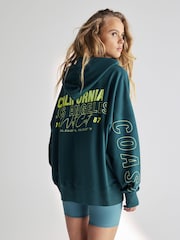 Teal Blue Green Relaxed Fit Oversized California Back Graphic Slogan Longline Hoodie - Image 4 of 9