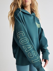 Teal Blue Green Relaxed Fit Oversized California Back Graphic Slogan Longline Hoodie - Image 5 of 9