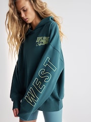 Teal Blue Green Relaxed Fit Oversized California Back Graphic Slogan Longline Hoodie - Image 6 of 9