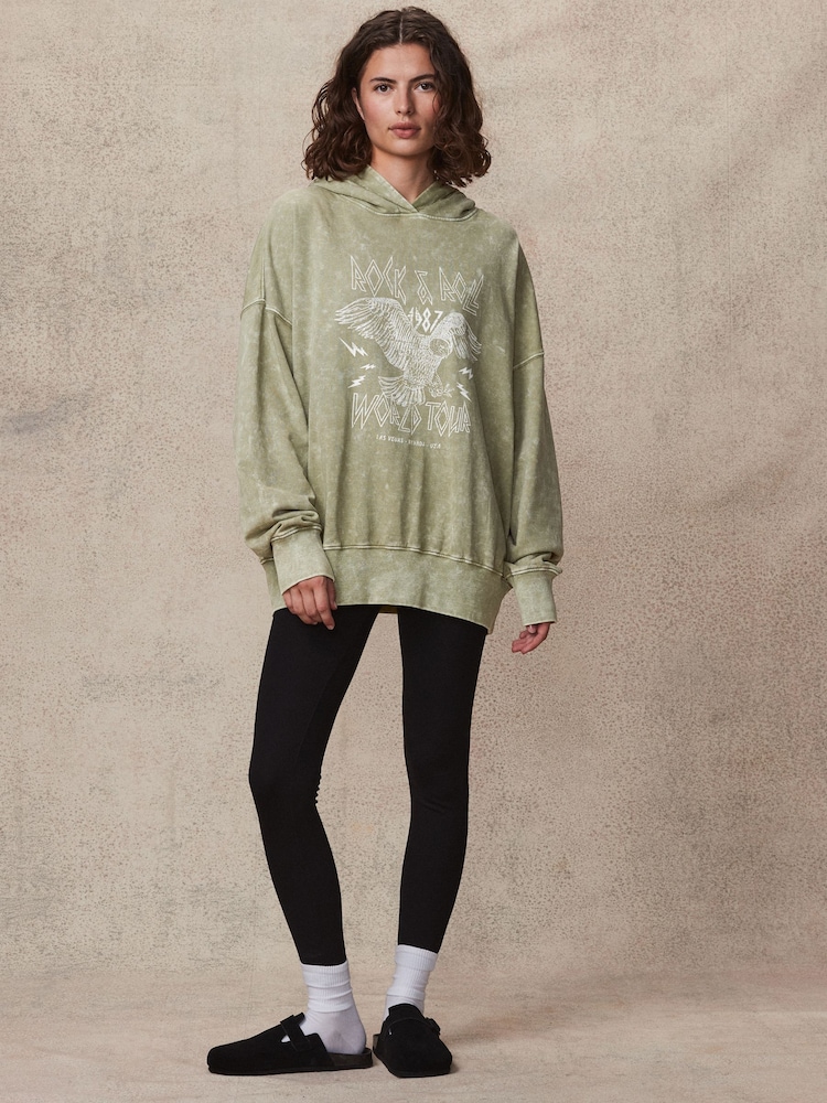 Green Khaki Oversized Rock n Roll Band Graphic Slogan Washed Hoodie Sweatshirt - Image 2 of 7