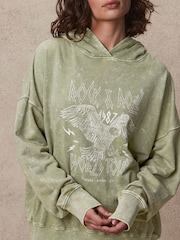 Green Khaki Oversized Rock n Roll Band Graphic Slogan Washed Hoodie Sweatshirt - Image 4 of 7