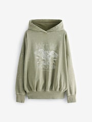 Green Khaki Oversized Rock n Roll Band Graphic Slogan Washed Hoodie Sweatshirt - Image 6 of 7