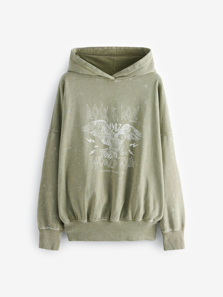 Khaki - Oversized Rock n Roll Band Graphic Slogan Washed Hoodie Sweatshirt - Image 6 of 7