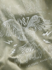 Green Khaki Oversized Rock n Roll Band Graphic Slogan Washed Hoodie Sweatshirt - Image 7 of 7