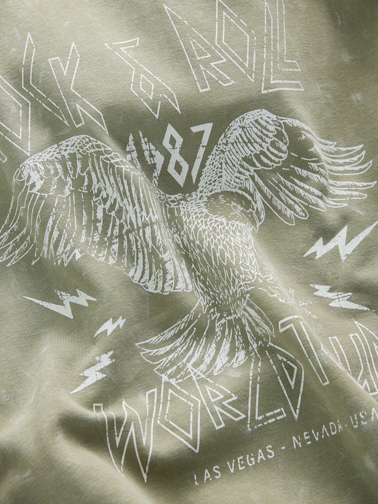 Green Khaki Oversized Rock n Roll Band Graphic Slogan Washed Hoodie Sweatshirt - Image 7 of 7
