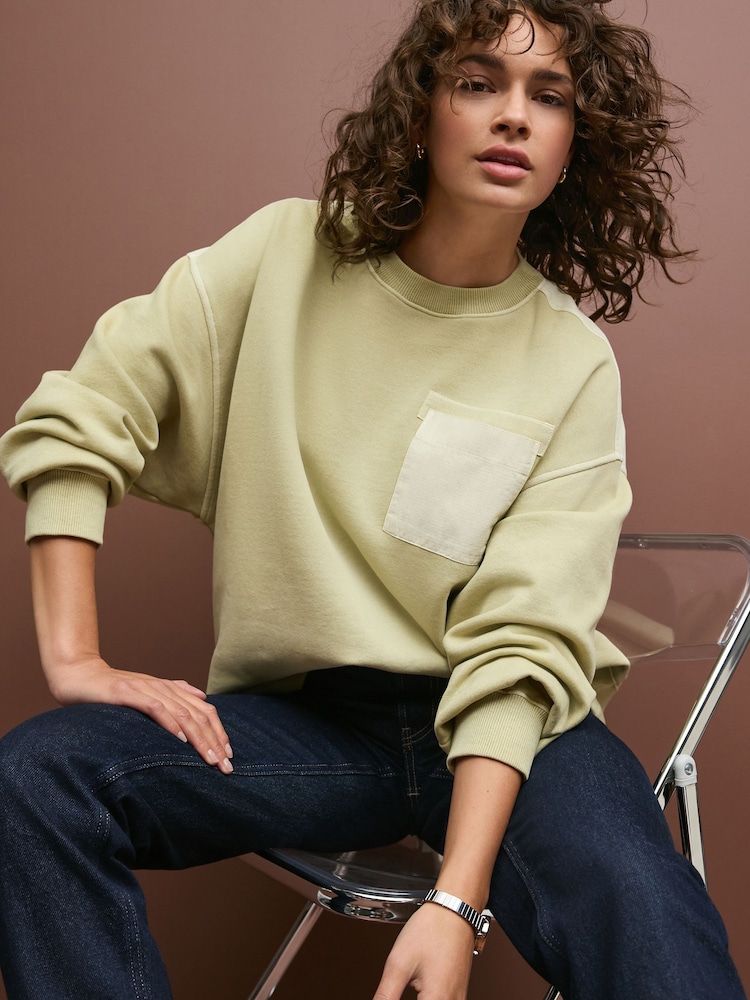 Green Sage Utility Pocket Front Panelled Crew Neck 100% Cotton Sweatshirt - Image 2 of 11 Green Sage Utility Pocket Front Panelled Crew Neck 100% Cotton Sweatshirt - Image 2 of 11