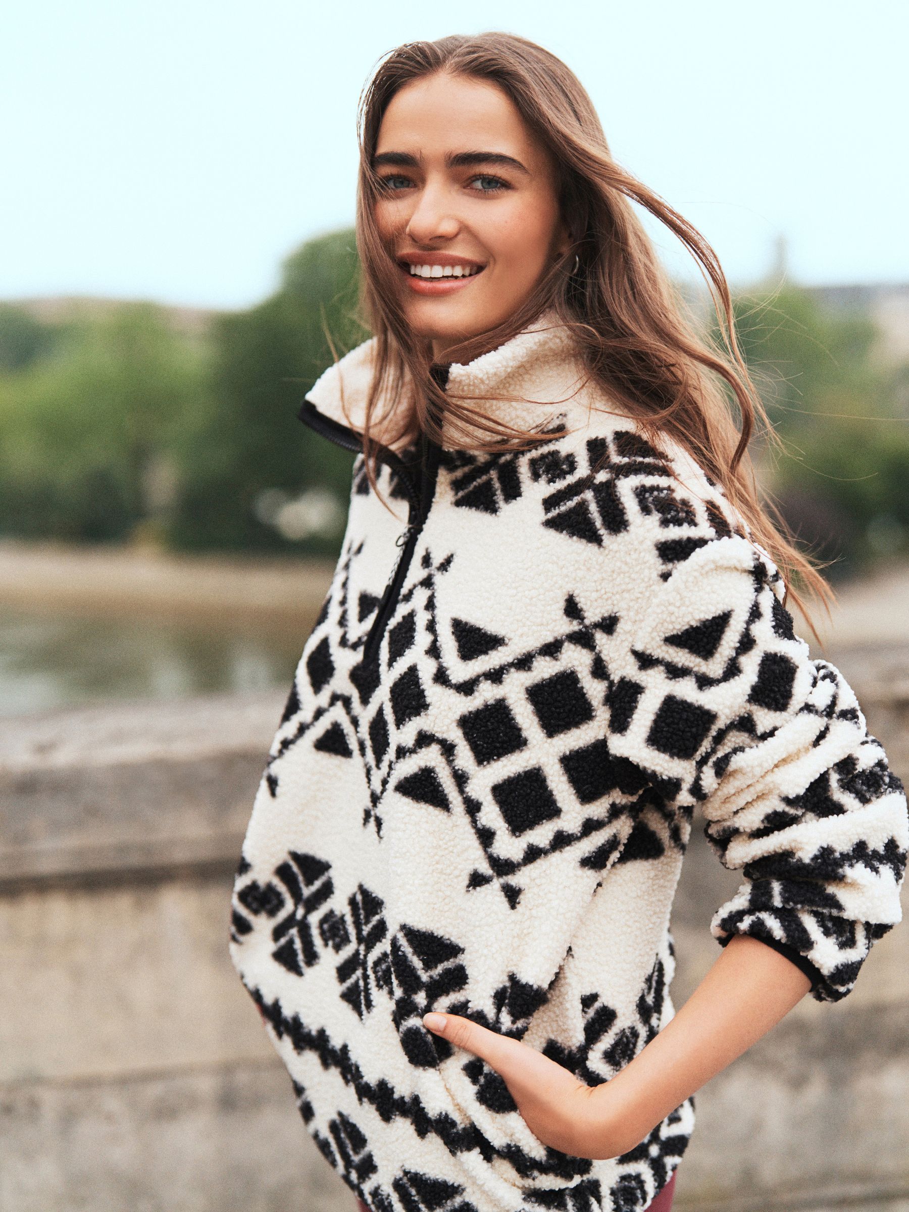 Buy Black White Aztec Print Black Teddy Borg Cosy Longline Quarter Zip Fleece from Next USA