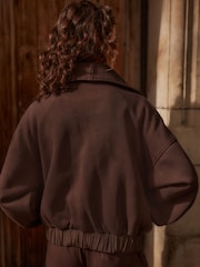 Chocolate Brown Woven Mix Popper Front Heavyweight Jersey Bomber Jacket with Zip Pockets - Image 3 of 7