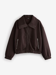 Chocolate Brown Woven Mix Popper Front Heavyweight Jersey Bomber Jacket with Zip Pockets - Image 5 of 7