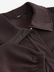 Chocolate Brown Woven Mix Popper Front Heavyweight Jersey Bomber Jacket with Zip Pockets - Image 6 of 7