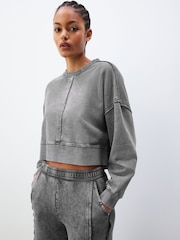 Charcoal Grey Washed Exposed Seam Crew Neck 100% Cotton Sweatshirt - Image 2 of 7