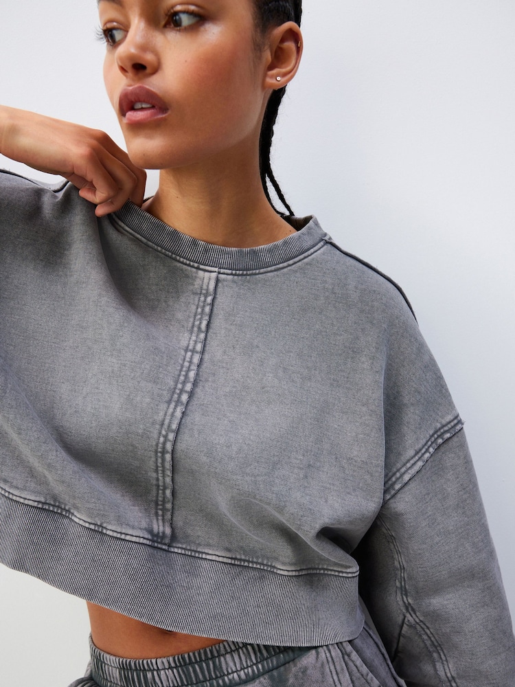 Charcoal Grey Washed Exposed Seam Crew Neck 100% Cotton Sweatshirt - Image 5 of 7