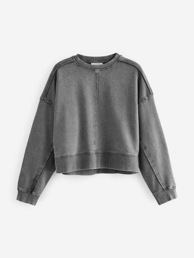 Charcoal Grey Washed Exposed Seam Crew Neck 100% Cotton Sweatshirt - Image 6 of 7