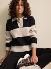 Neutral/Black Stripe Soft Touch Cosy Collared Button Down Polo Sweatshirt - Image 1 of 7