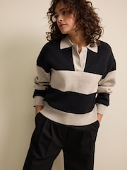 Neutral/Black Stripe Soft Touch Cosy Collared Button Down Polo Sweatshirt - Image 3 of 7