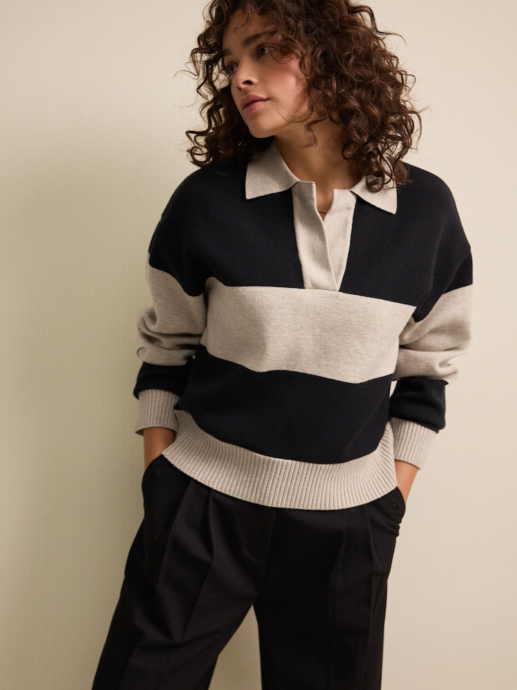 Neutral/Black Stripe Soft Touch Cosy Collared Button Down Polo Sweatshirt - Image 3 of 7