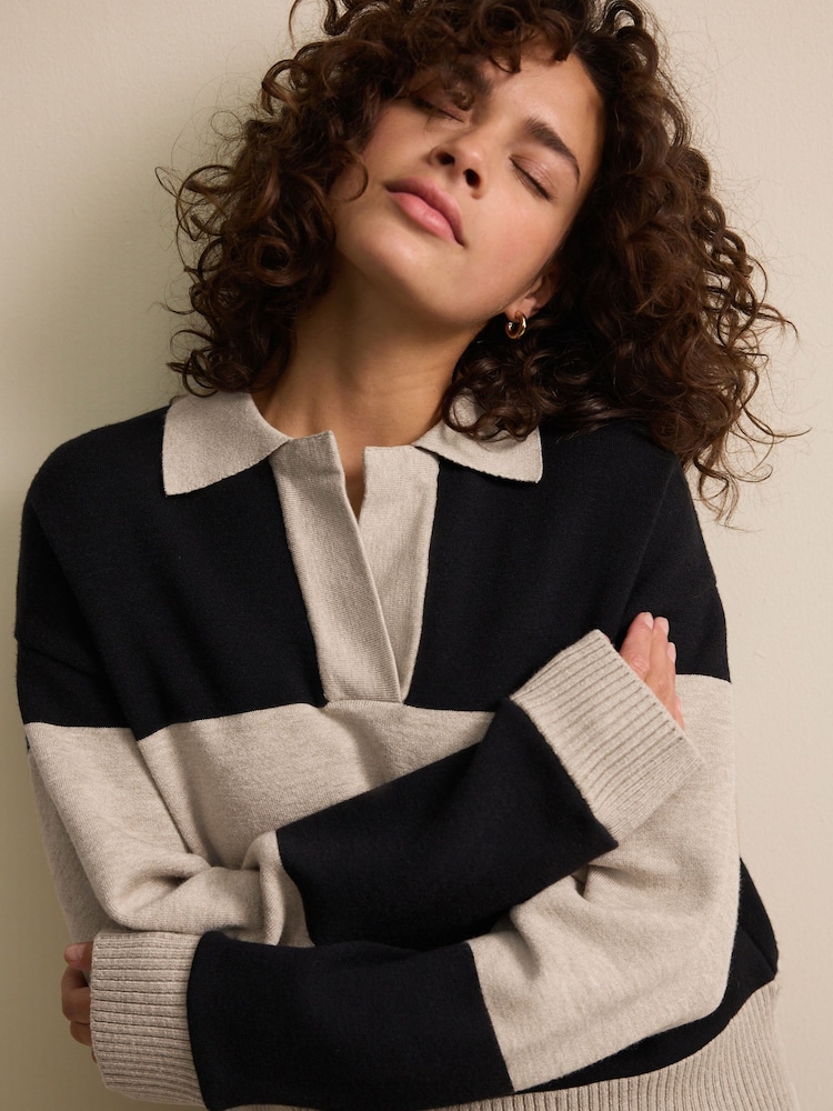 Neutral/Black Stripe Soft Touch Cosy Collared Button Down Polo Sweatshirt - Image 4 of 7