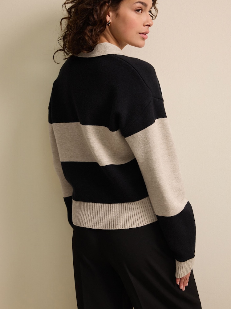 Neutral/Black Stripe Soft Touch Cosy Collared Button Down Polo Sweatshirt - Image 5 of 7
