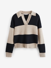 Neutral/Black Stripe Soft Touch Cosy Collared Button Down Polo Sweatshirt - Image 6 of 7