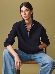 Navy Blue Graphic Mod Zip Neck Sweat Top - Image 1 of 7