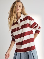 Burgundy Stripe Slogan Graphic Collared Varsity Rugby 100% Cotton Polo Shirt - Image 2 of 7