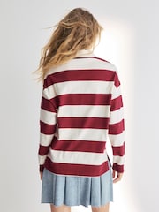 Burgundy Stripe Slogan Graphic Collared Varsity Rugby 100% Cotton Polo Shirt - Image 4 of 7