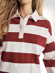 Burgundy Stripe Slogan Graphic Collared Varsity Rugby 100% Cotton Polo Shirt - Image 5 of 7