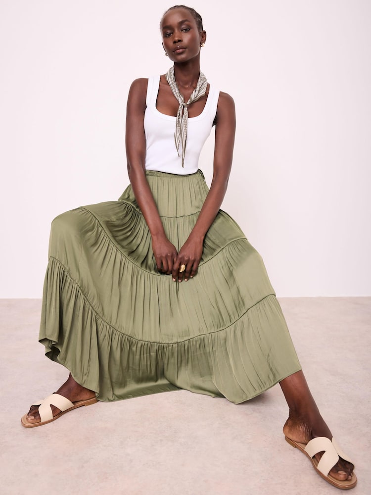 Mint Velvet Green Satin Midi Skirt - Image 1 of 8