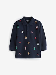 Navy Blue Christmas Long Sleeve 100% Cotton All-Over Embroidered Polo Shirt (3mths-7yrs) - Image 1 of 3