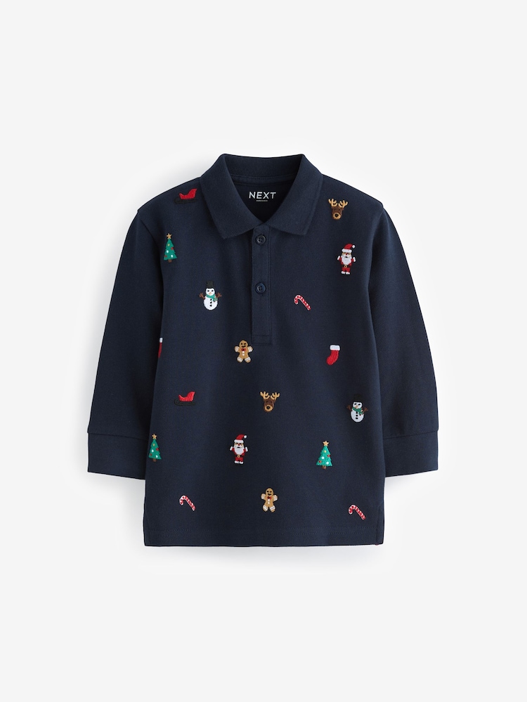 Navy Blue Christmas Long Sleeve 100% Cotton All-Over Embroidered Polo Shirt (3mths-7yrs) - Image 1 of 3