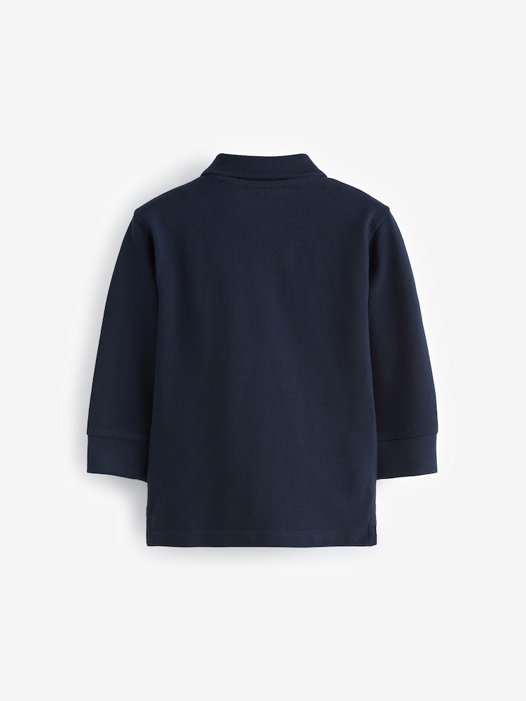 Navy Blue Christmas Long Sleeve 100% Cotton All-Over Embroidered Polo Shirt (3mths-7yrs) - Image 2 of 3