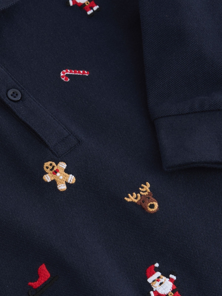 Navy Blue Christmas Long Sleeve 100% Cotton All-Over Embroidered Polo Shirt (3mths-7yrs) - Image 3 of 3