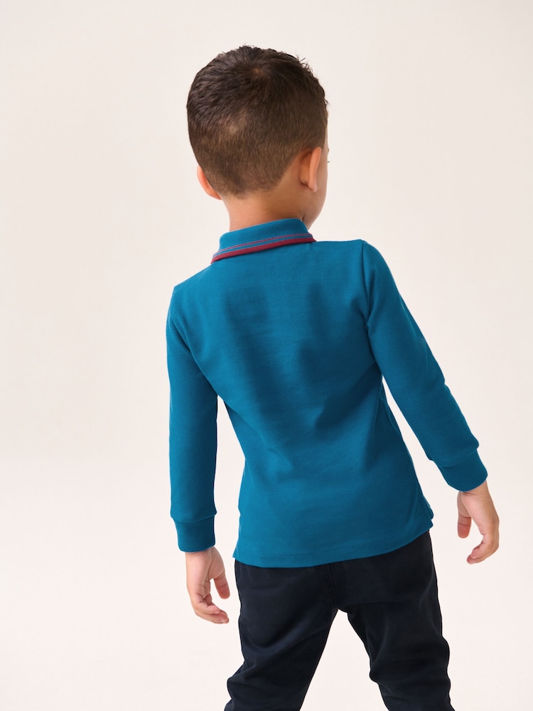 Cobalt Blue 100% Cotton Long Sleeve Polo Shirt (3mths-7yrs) - Image 2 of 7