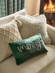Dark Green Merry Christmas Embroidered Faux Fur Rectangular Cushion - Image 1 of 5