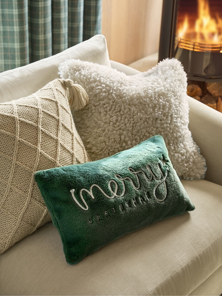 Dark Green Merry Christmas Embroidered Faux Fur Rectangular Cushion - Image 1 of 5