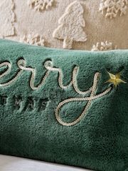 Dark Green Merry Christmas Embroidered Faux Fur Rectangular Cushion - Image 2 of 5